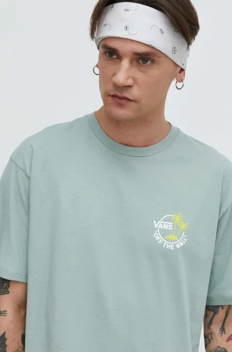 Хлопковая футболка Vans мужской цвет зелёный однотонный