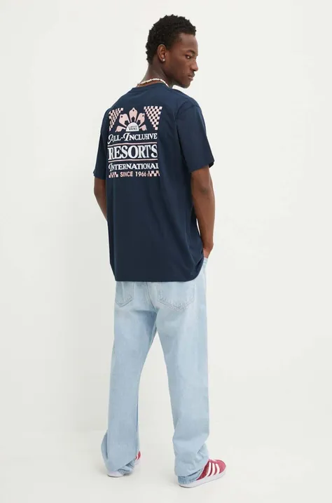 Bavlnené tričko Vans pánsky, tmavomodrá farba, s potlačou