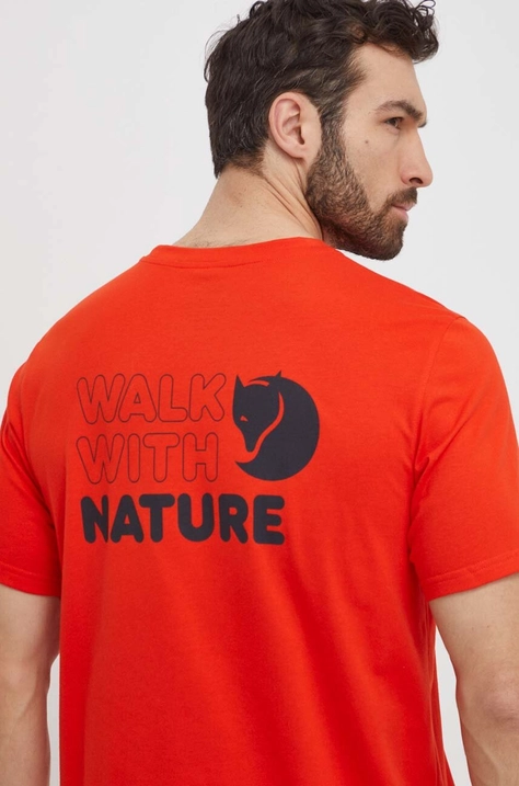 Majica kratkih rukava Fjallraven Walk With Nature za muškarce, boja: narančasta, s tiskom, F12600216