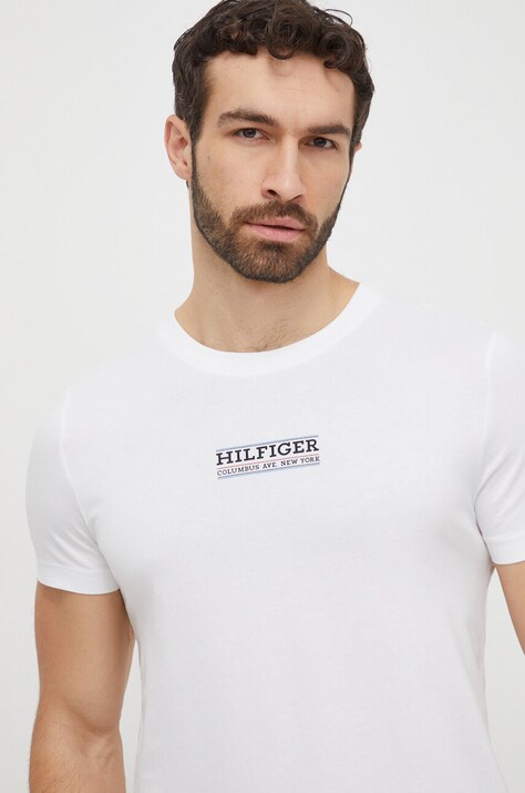 Tommy Hilfiger tricou din bumbac bărbați, culoarea alb, cu imprimeu MW0MW34387