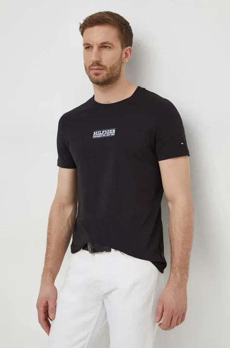 Bavlnené tričko Tommy Hilfiger pánsky,čierna farba,s potlačou,MW0MW34387