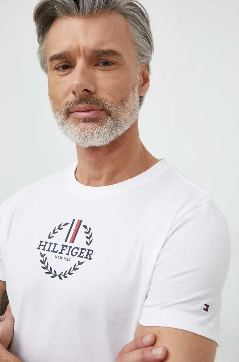 Pamučna majica Tommy Hilfiger za muškarce, boja: bijela, s tiskom