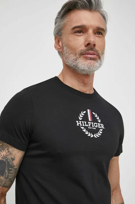 Bavlněné tričko Tommy Hilfiger černá barva, s potiskem, MW0MW34388
