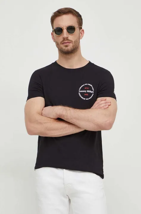 Pamučna majica Tommy Hilfiger za muškarce, boja: crna, s tiskom, MW0MW34390