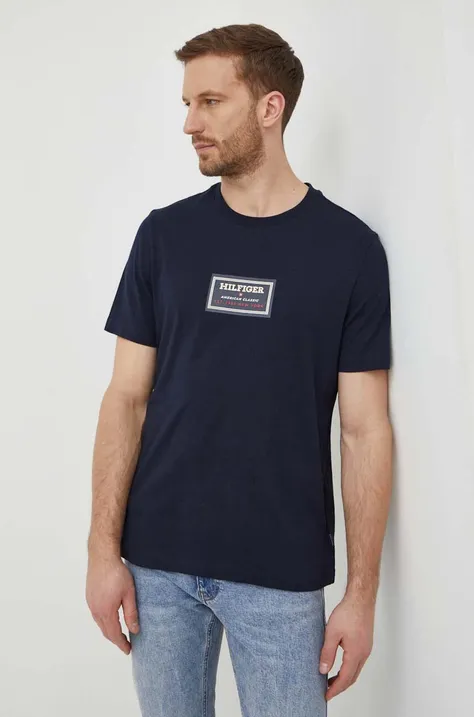 Pamučna majica Tommy Hilfiger za muškarce, boja: tamno plava, s tiskom, MW0MW34391