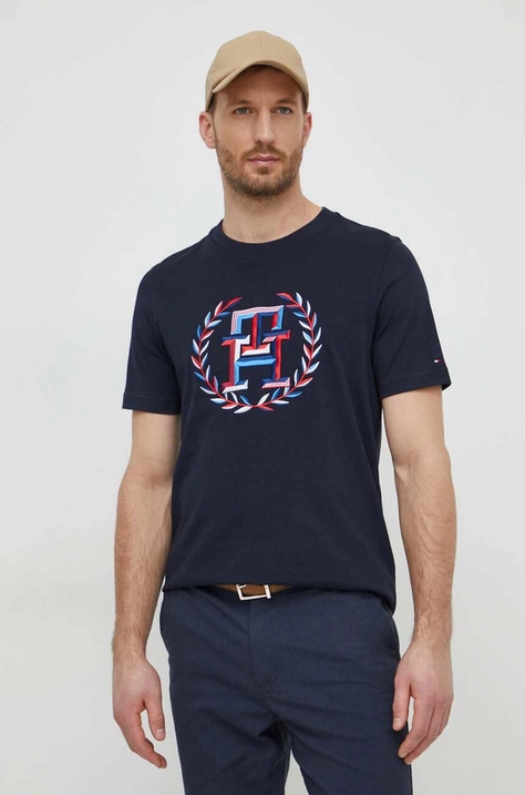 Tommy Hilfiger tricou din bumbac bărbați, culoarea bleumarin, cu imprimeu MW0MW34393