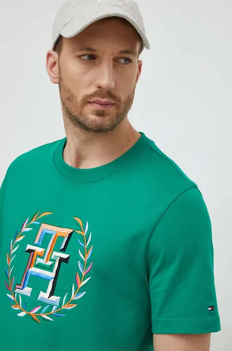 Bavlnené tričko Tommy Hilfiger pánsky, zelená farba, s nášivkou