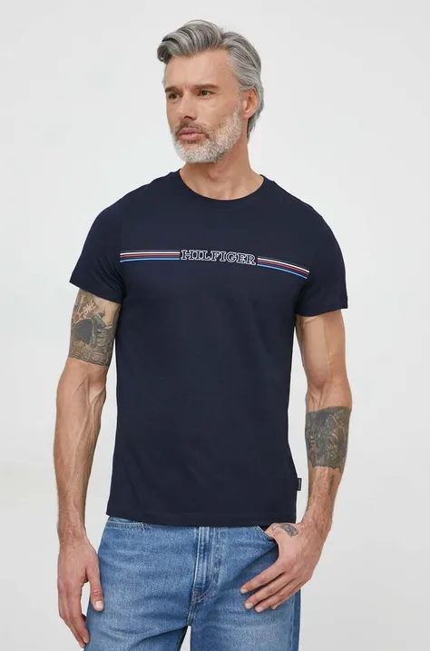 Tommy Hilfiger tricou din bumbac bărbați, culoarea bleumarin, cu imprimeu MW0MW34428