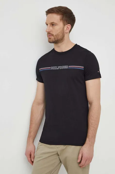 Pamučna majica Tommy Hilfiger za muškarce, boja: crna, s tiskom, MW0MW34428