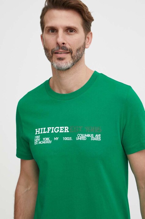 Pamučna majica Tommy Hilfiger za muškarce, boja: zelena, s tiskom, MW0MW34435