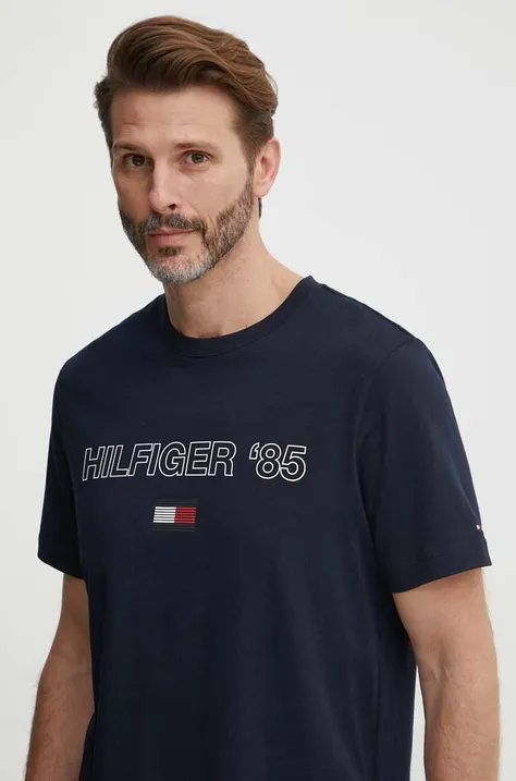 Tommy Hilfiger pamut póló sötétkék, férfi, nyomott mintás, MW0MW34427