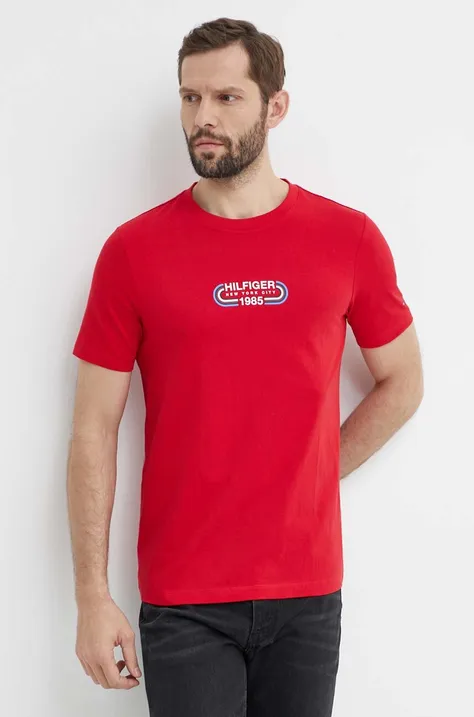 Pamučna majica Tommy Hilfiger za muškarce, boja: crvena, s tiskom, MW0MW34429
