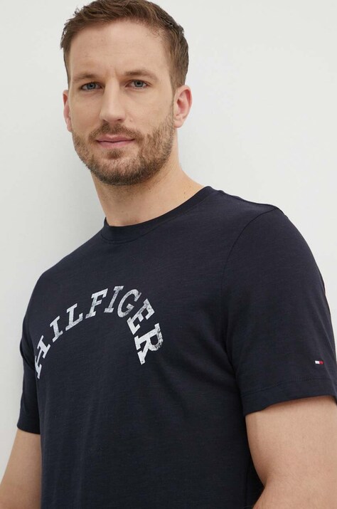 Tommy Hilfiger tricou din bumbac bărbați, culoarea bleumarin, cu imprimeu, MW0MW34432