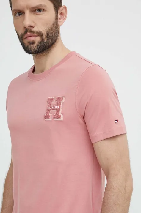 Хлопковая футболка Tommy Hilfiger мужская цвет розовый с аппликацией MW0MW34436
