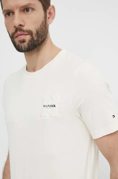 Βαμβακερό μπλουζάκι Tommy Hilfiger ανδρικό, χρώμα: μπεζ, MW0MW34436