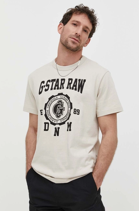 Majica kratkih rukava G-Star Raw za muškarce, boja: bež, s tiskom