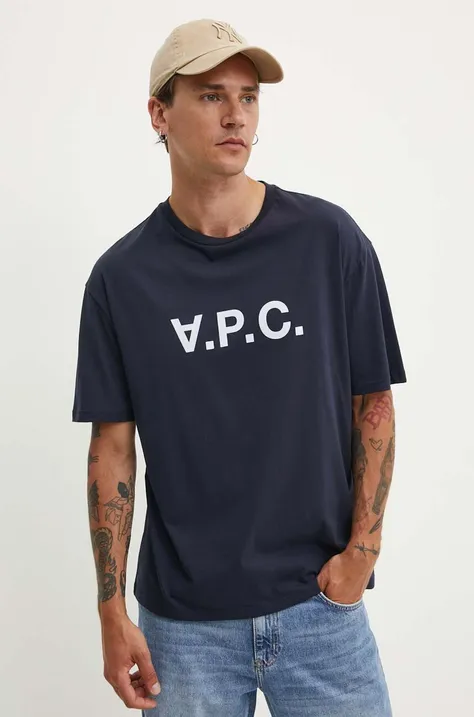 A.P.C. tricou din bumbac T-Shirt River bărbați, culoarea bleumarin, cu imprimeu, COFDW.H26324.IAK