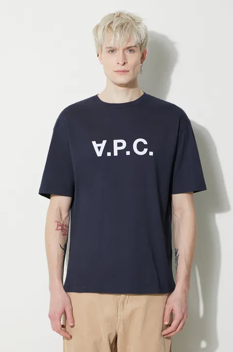 A.P.C. tricou din bumbac T-Shirt River bărbați, culoarea bleumarin, cu imprimeu, COFDW.H26324.IAK