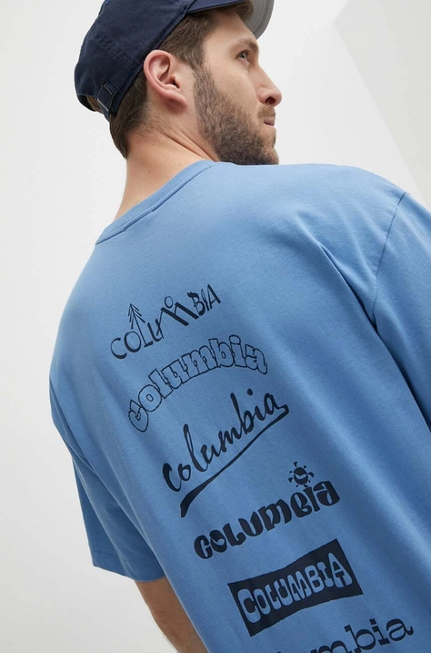 Columbia t-shirt Burnt Lake męski kolor niebieski z nadrukiem 2071711