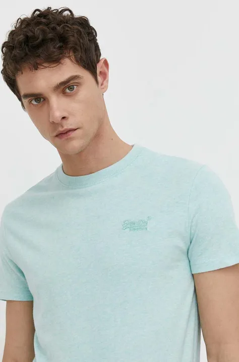Pamučna majica Superdry za muškarce, boja: tirkizna, melanž