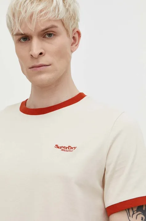 Хлопковая футболка Superdry мужской цвет бежевый однотонный