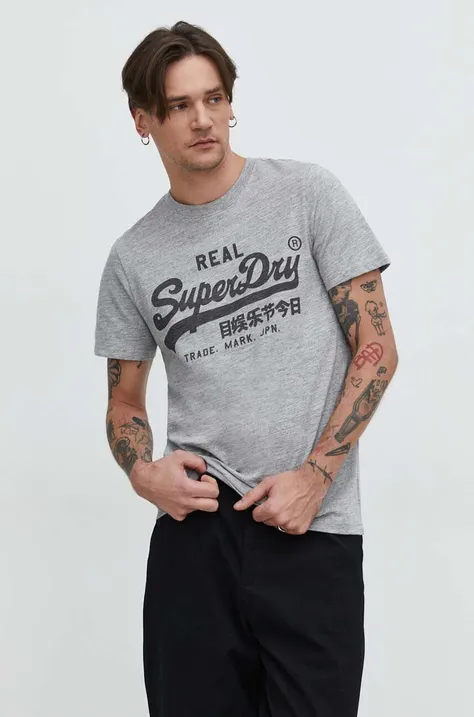 Хлопковая футболка Superdry мужской цвет серый с принтом