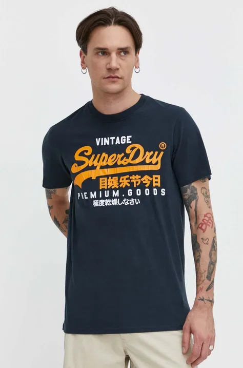 Pamučna majica Superdry za muškarce, boja: tamno plava, s tiskom