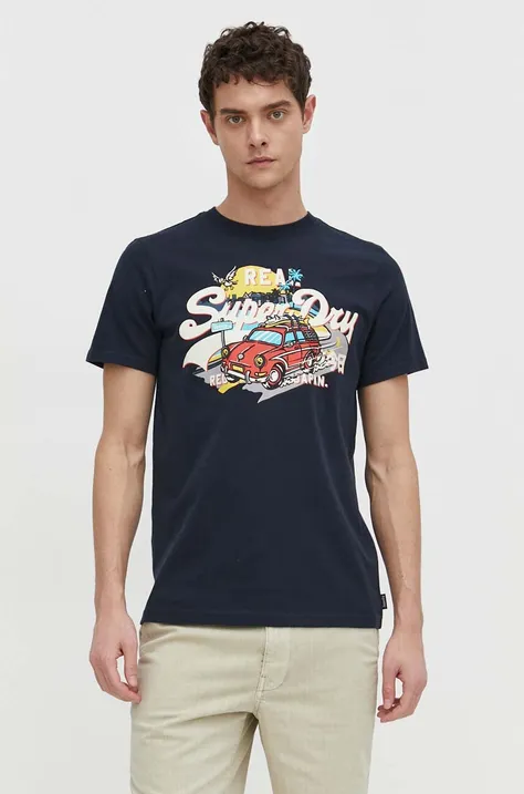Bombažna kratka majica Superdry moški, mornarsko modra barva