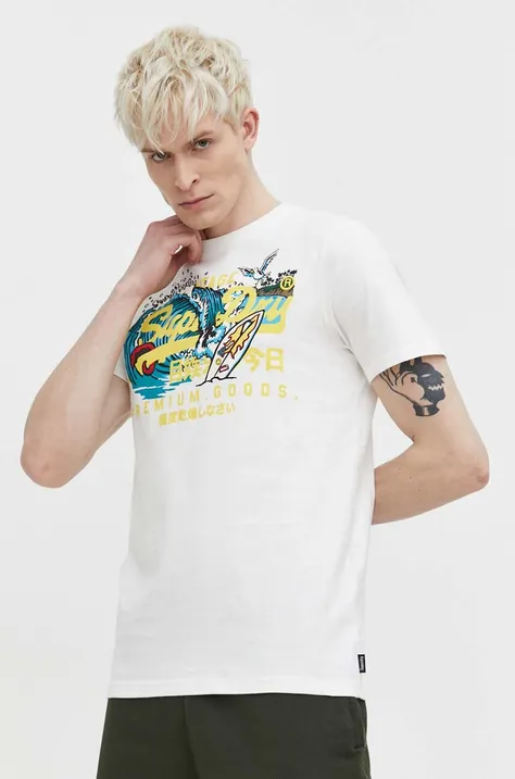 Bavlnené tričko Superdry pánsky, biela farba, s potlačou