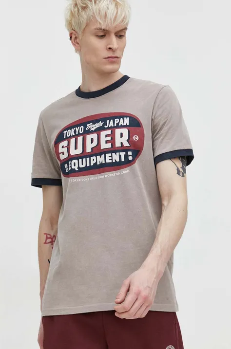 Pamučna majica Superdry za muškarce, boja: bež, s tiskom