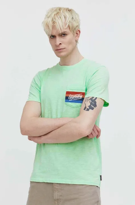 Bavlněné tričko Superdry zelená barva, s potiskem