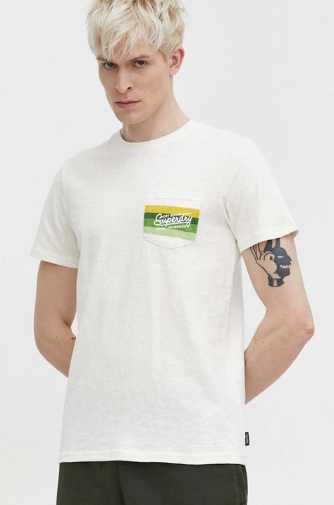 Superdry t-shirt bawełniany męski kolor beżowy z nadrukiem