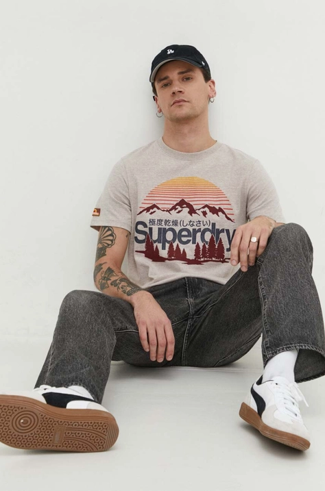 Superdry t-shirt męski kolor beżowy z nadrukiem