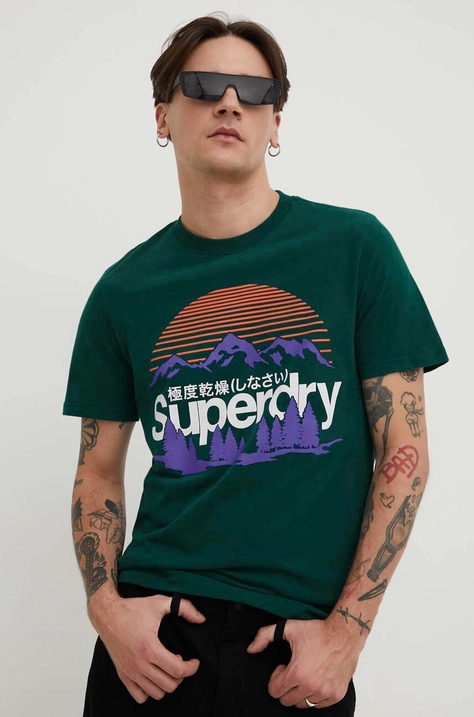 Bombažna kratka majica Superdry moški, zelena barva