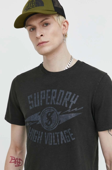 Pamučna majica Superdry za muškarce, boja: crna, s tiskom