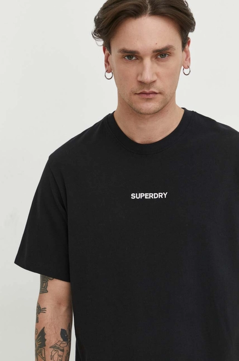 Bavlněné tričko Superdry černá barva, s aplikací