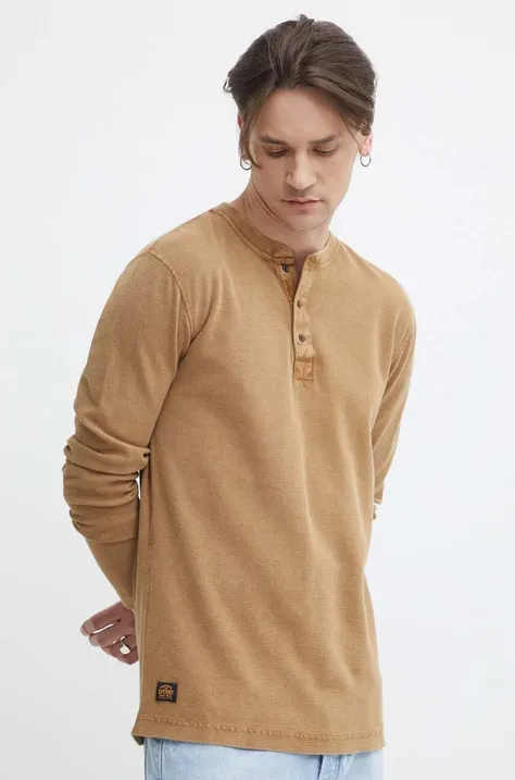 Bavlnené tričko s dlhým rukávom Superdry hnedá farba, jednofarebný