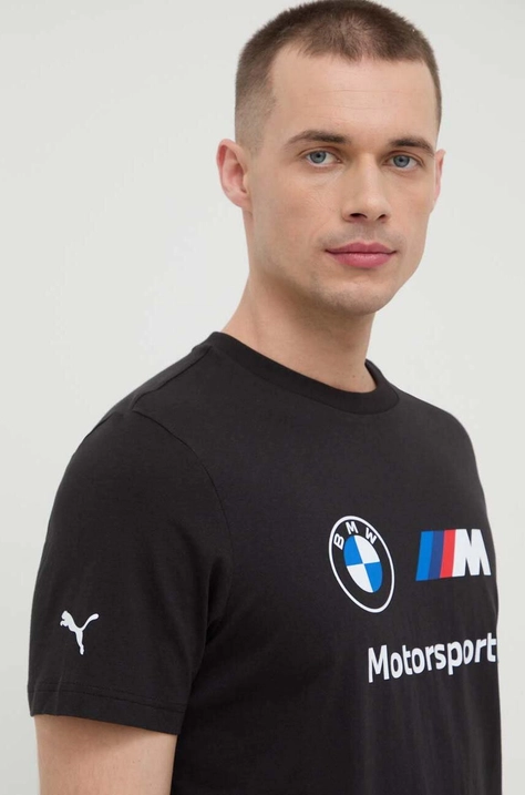 Puma tricou din bumbac x BMW bărbați, culoarea negru, cu imprimeu 621314