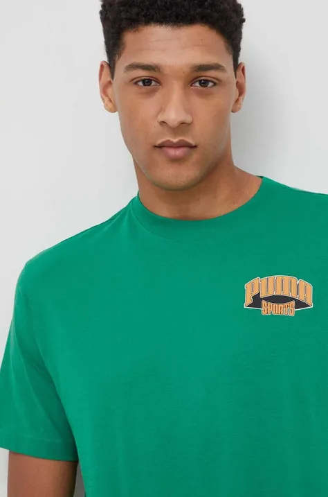 Памучна тениска Puma в зелено с принт 679187 624395