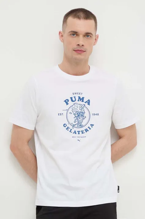 Bavlněné tričko Puma bílá barva, s potiskem, 625416