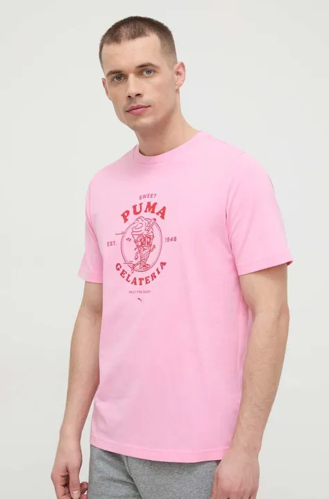 Памучна тениска Puma в лилаво с принт 624226 625416