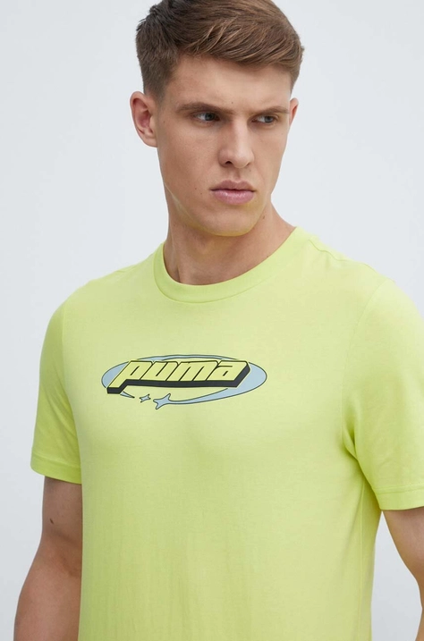 Puma tricou din bumbac bărbați, culoarea verde, cu imprimeu 625424