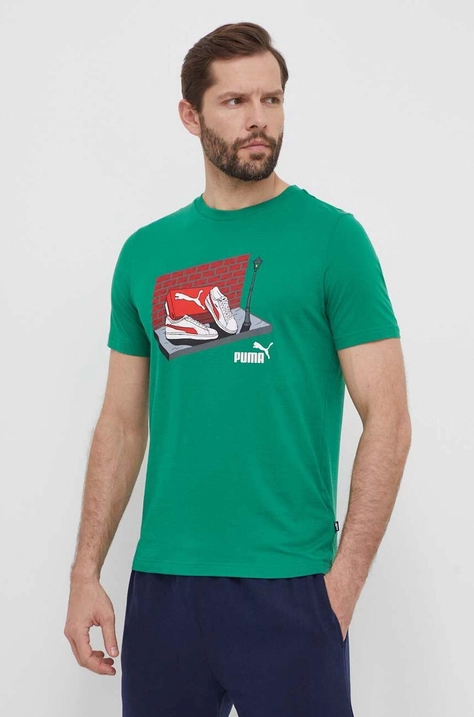 Puma t-shirt bawełniany męski kolor zielony z nadrukiem 680175