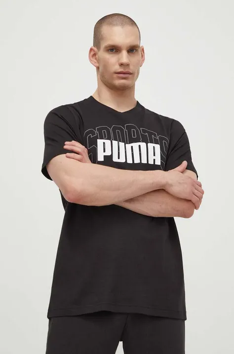 Хлопковая футболка Puma мужская цвет чёрный с принтом 680177