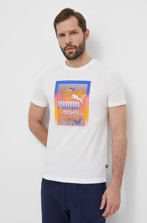 Pamučna majica Puma za muškarce, boja: bijela, s tiskom, 680180