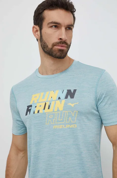Mizuno t-shirt do biegania Core Run kolor turkusowy z nadrukiem J2GAB008