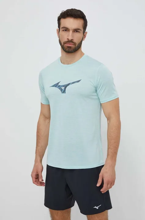 Mizuno t-shirt do biegania Core kolor turkusowy z nadrukiem J2GAB009