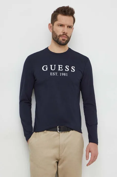 Majica dugih rukava Guess za muškarce, boja: tamno plava, s tiskom