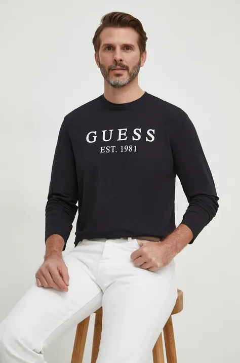 Majica dugih rukava Guess za muškarce, boja: crna, s tiskom