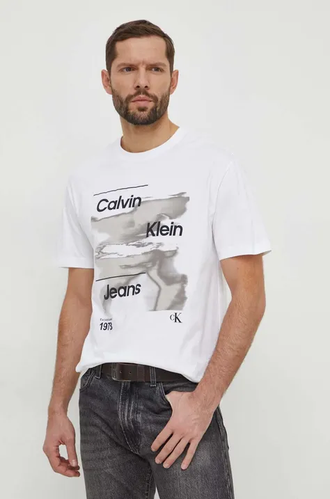 Pamučna majica Calvin Klein Jeans za muškarce, boja: bijela, s tiskom, J30J325184